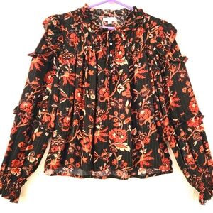 Jennifer & Grace Floral Ruffle Black and Orange Metallic Blouse Pintucks Size M